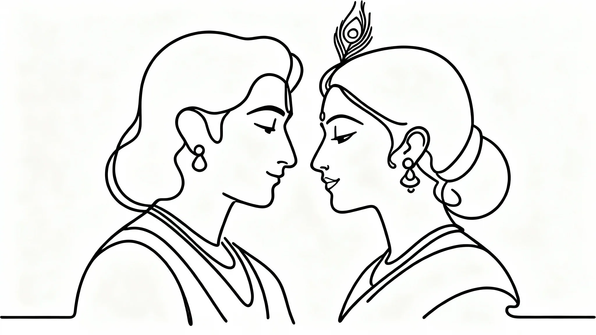 A minimalist black and white single-line drawing of Radha and Krishna in a loving pose, isolated on a plain white background.