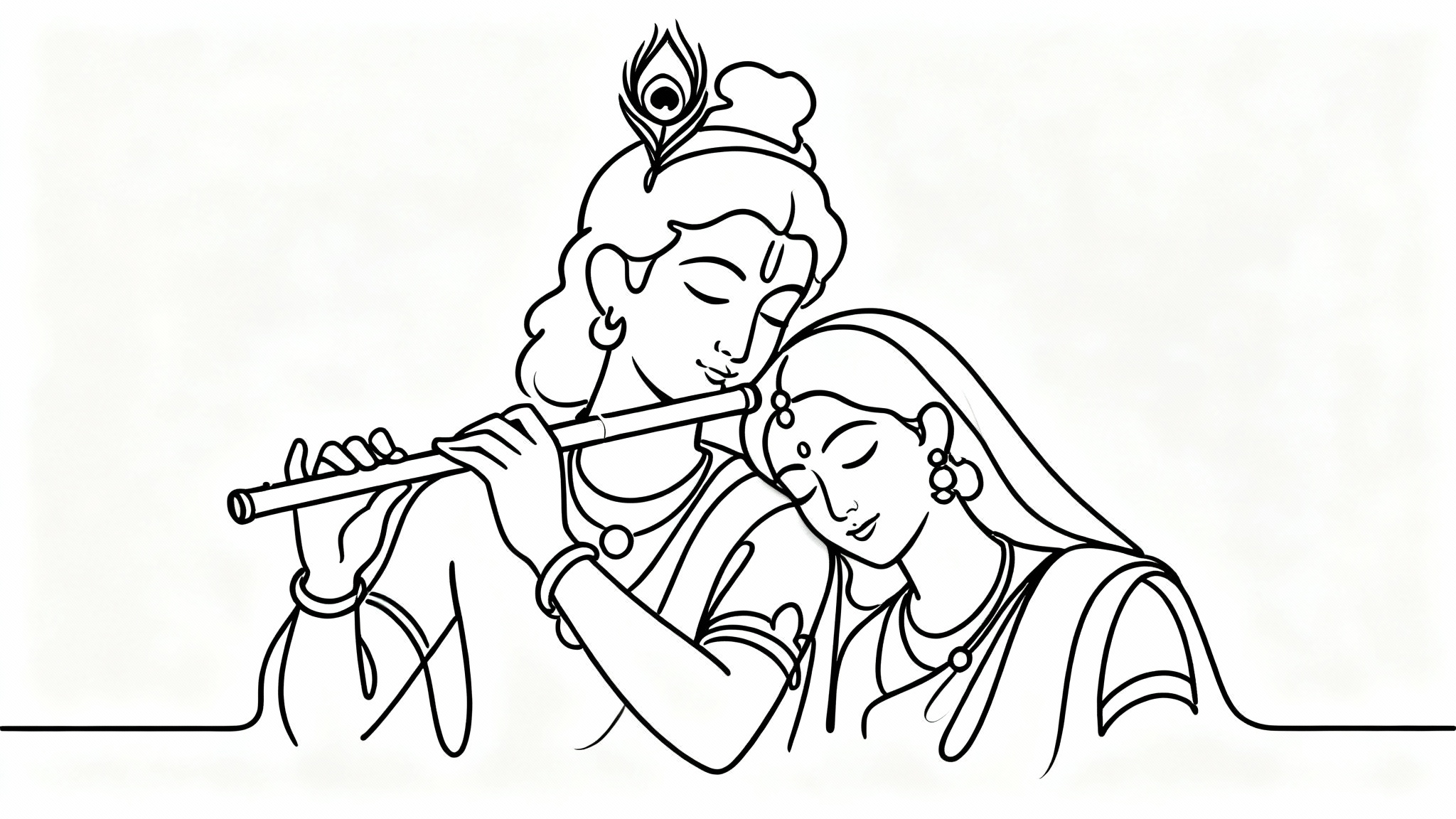 A minimalist single-line drawing in black ink depicting Radha and Krishna on a white background. Krishna plays the flute as Radha gazes at him lovingly, their forms created by one continuous, flowing line.