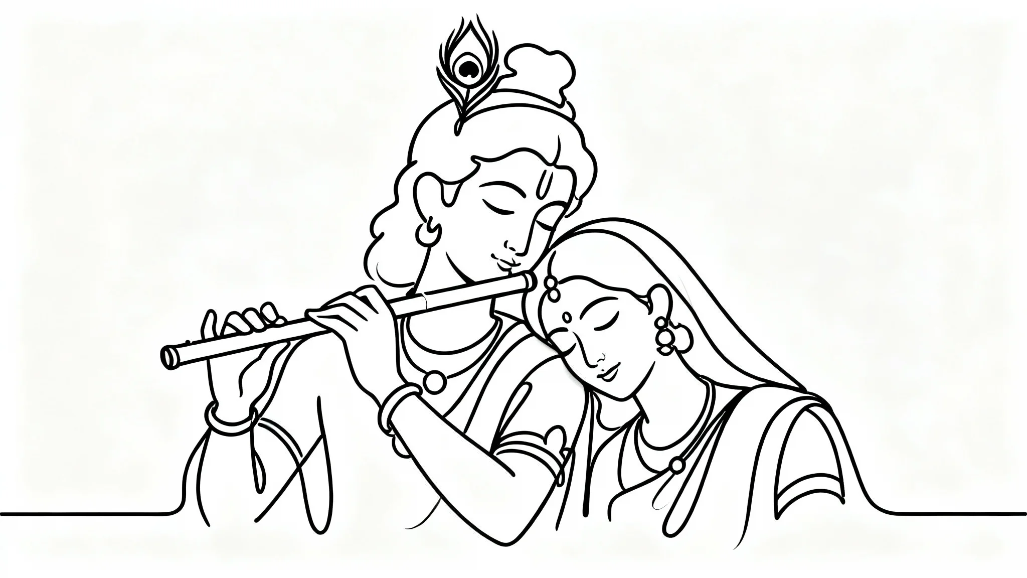 A minimalist single-line drawing in black ink depicting Radha and Krishna on a white background. Krishna plays the flute as Radha gazes at him lovingly, their forms created by one continuous, flowing line.