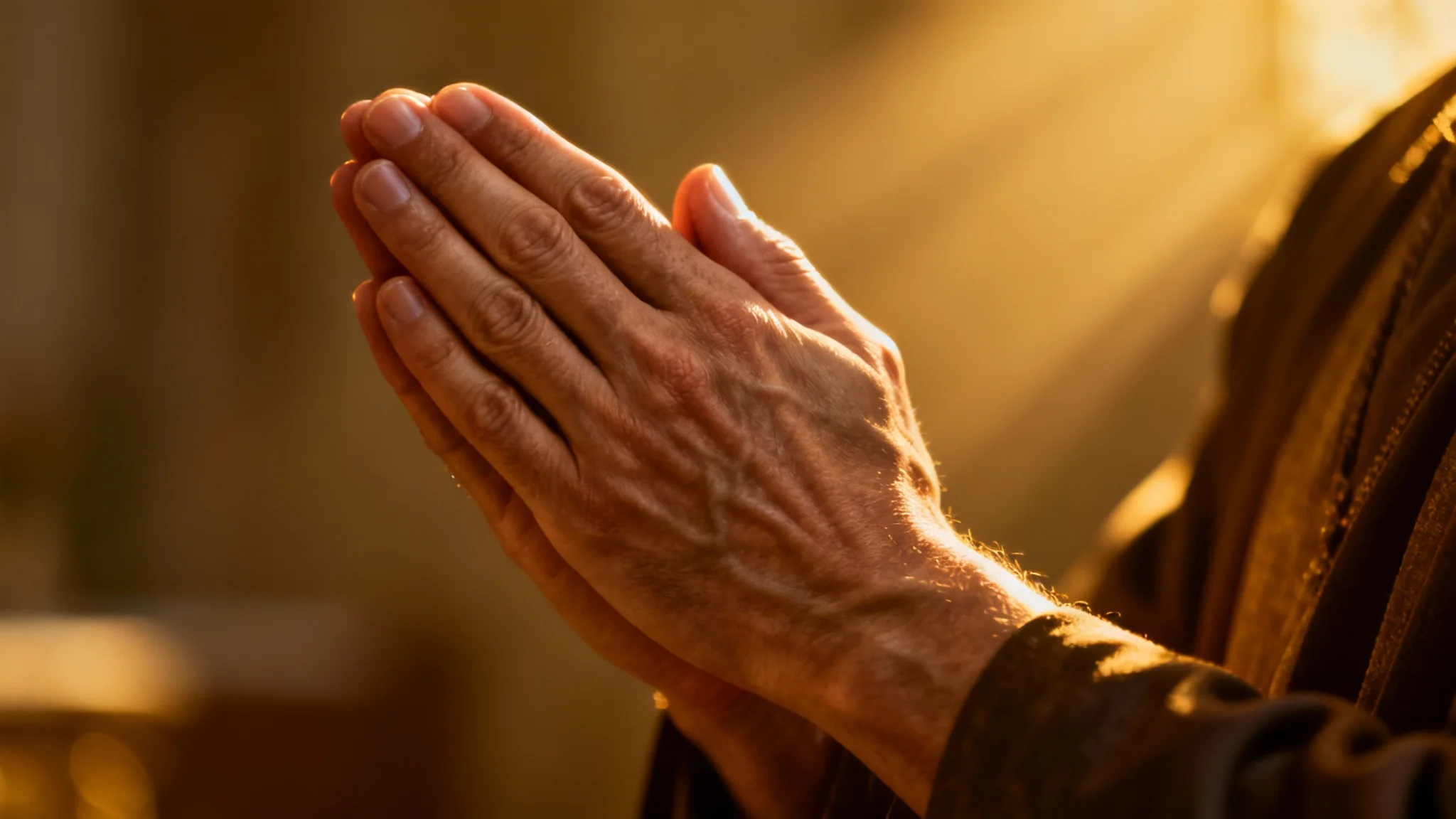A close-up, highly detailed photograph of a person's hands held together in a prayer position, with warm light highlighting the skin texture.
