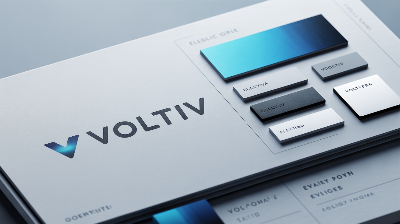 A professionally designed brand style guide for an electric vehicle company called 'VOLTIV', displayed on a clean background. It shows the logo, color palette, and typography.