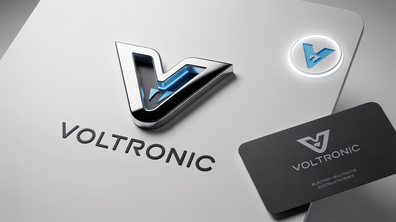 A brand identity mockup for an electric vehicle company named 'VOLTRONIC', featuring a sleek, modern logo displayed on various materials against a clean white background.