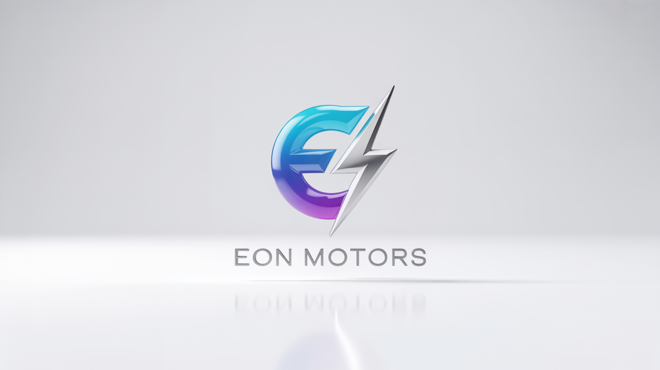 A modern 3D logo for an electric vehicle company called 'EON MOTORS', featuring a blue and silver metallic icon of a stylized 'E' and lightning bolt, on a white background.