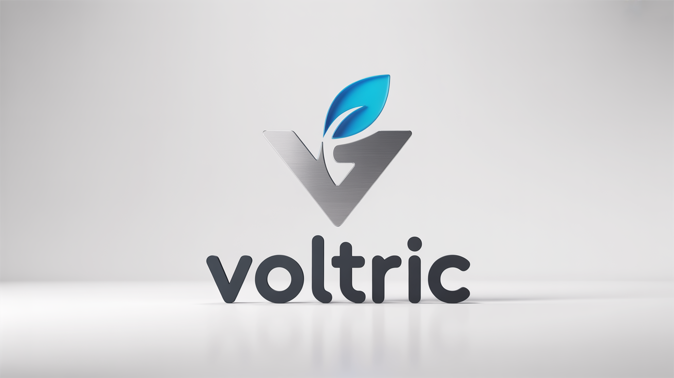 A 3D mockup of a sleek, modern logo for an electric vehicle company named 'VOLTRIC'. The silver and blue logo combines a lightning bolt and a leaf, set against a plain white background.
