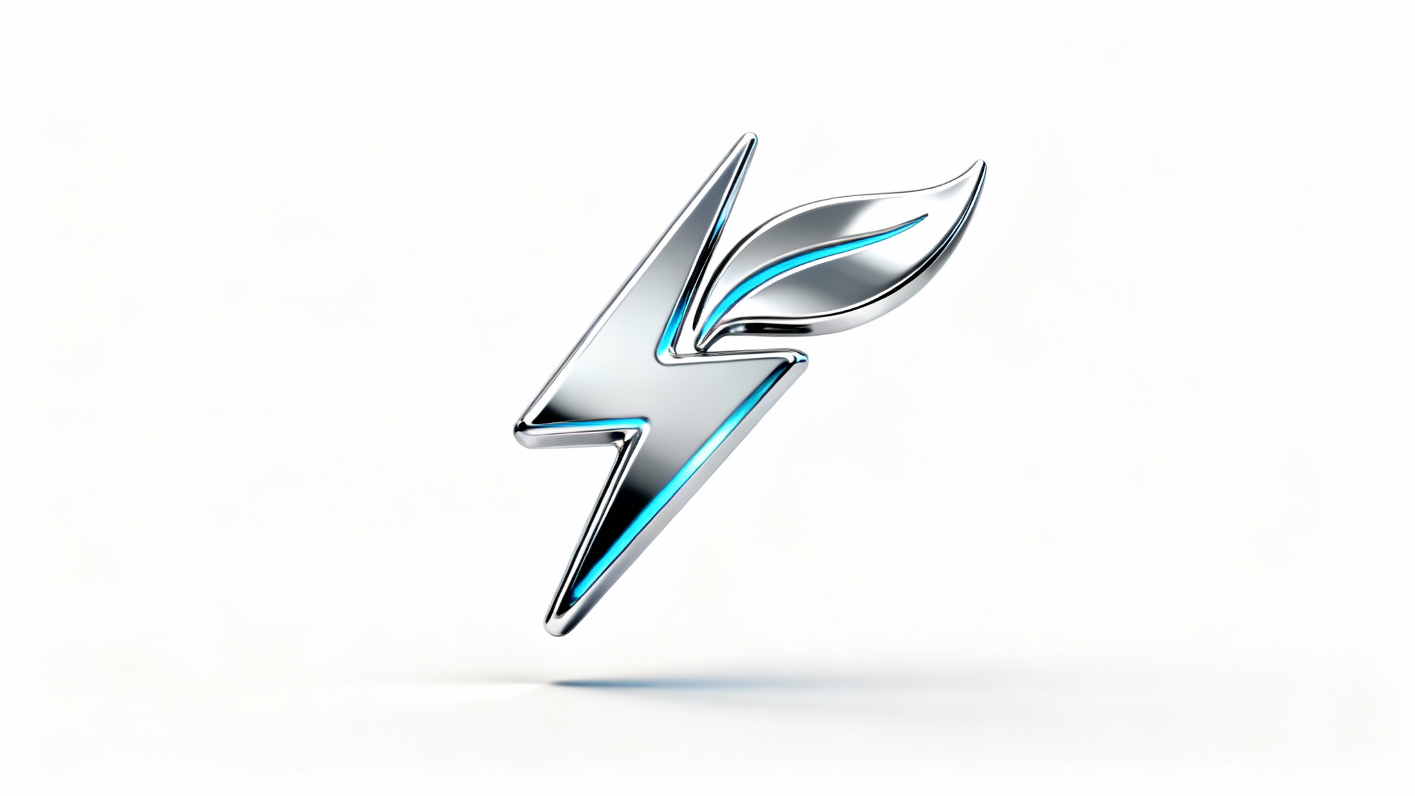 A sleek, 3D chrome emblem for an electric vehicle company, designed as a fusion of a lightning bolt and a leaf, floating over a clean white background.