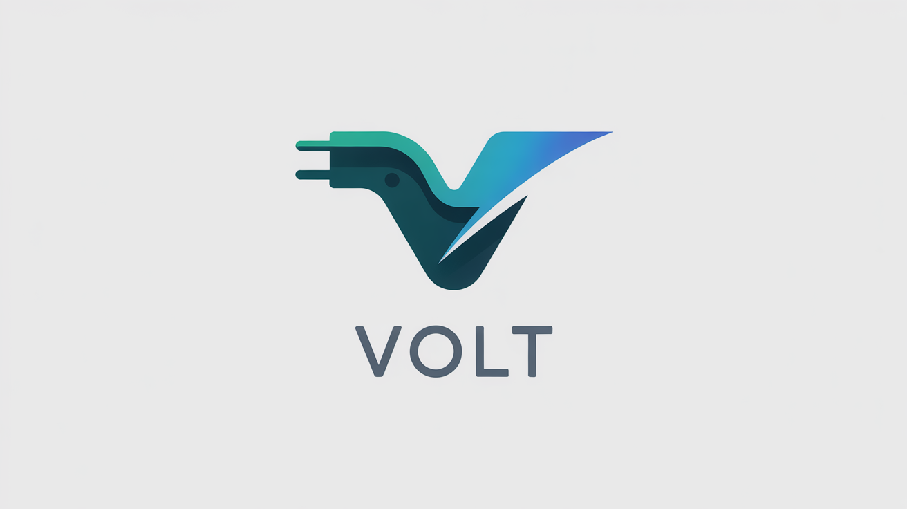 A modern, minimalist logo for an electric vehicle company named 'VOLT', featuring a stylized icon of an electric plug and a swoosh in shades of blue and teal, on a clean white background.