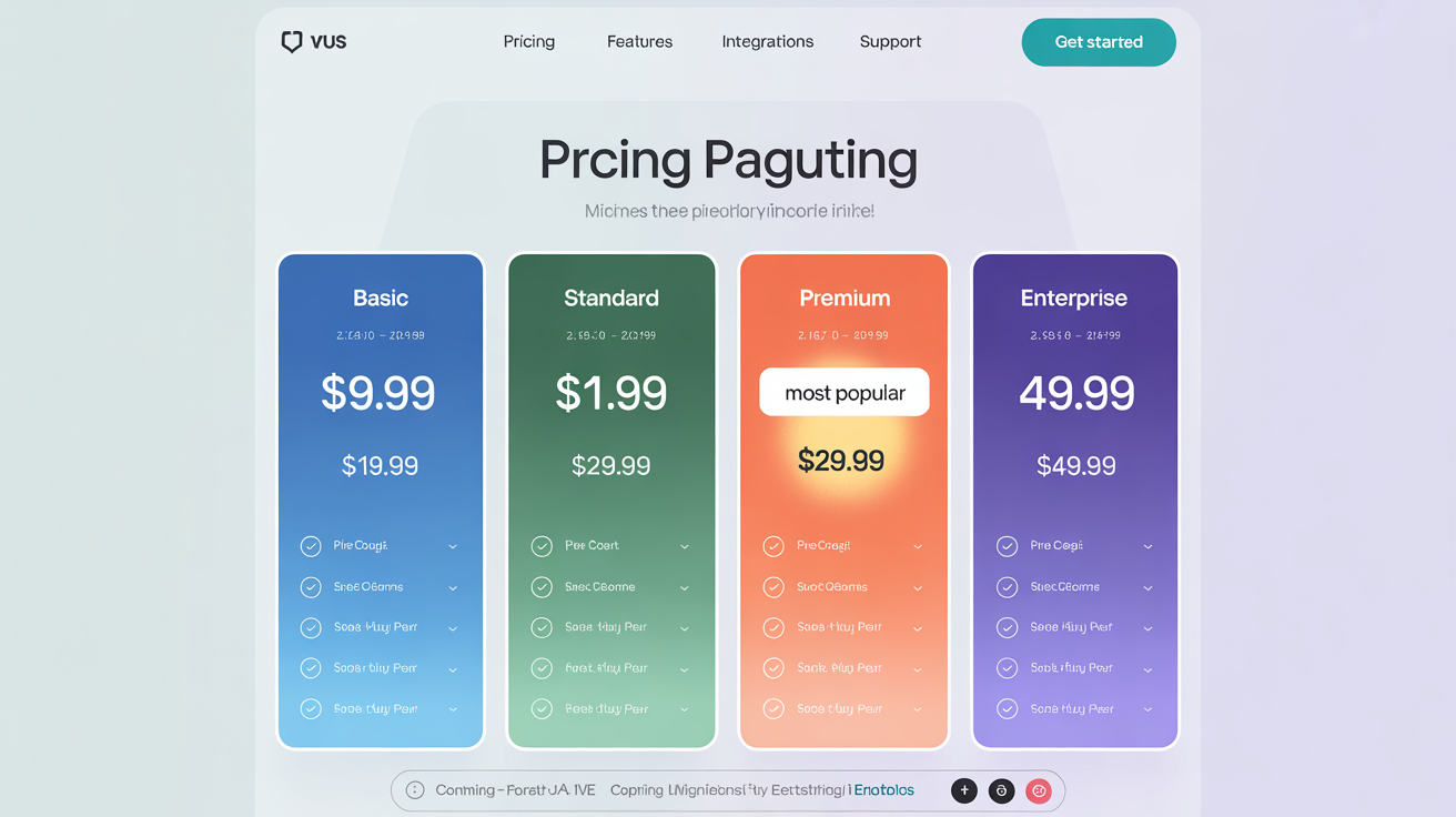 A sleek, modern pricing comparison table with four plans—Basic, Standard, Premium, and Enterprise—displayed in colored columns against a light background. The Premium plan is highlighted as 'Most Popular'.