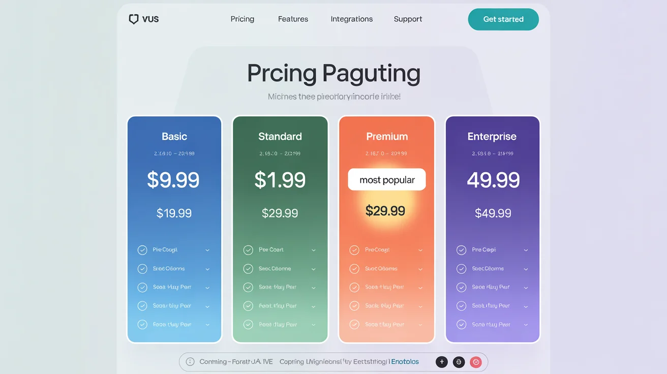 A sleek, modern pricing comparison table with four plans—Basic, Standard, Premium, and Enterprise—displayed in colored columns against a light background. The Premium plan is highlighted as 'Most Popular'.