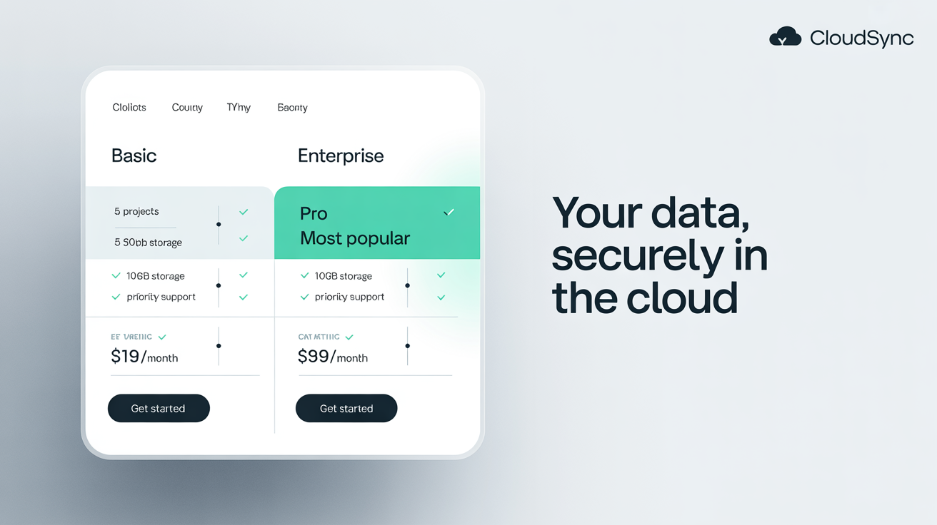 A modern pricing comparison table graphic showing three plans: Basic, Pro, and Enterprise, with their respective features and prices. The Pro plan is highlighted as 'Most Popular'.