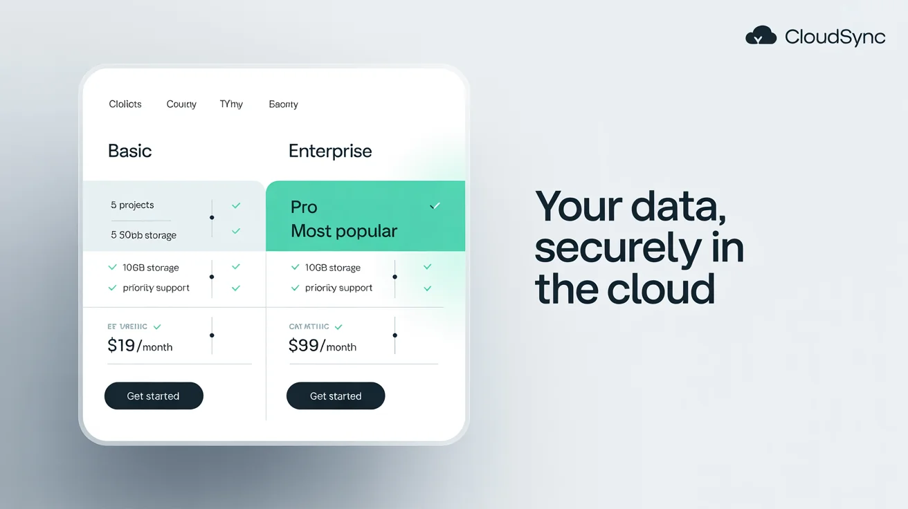 A modern pricing comparison table graphic showing three plans: Basic, Pro, and Enterprise, with their respective features and prices. The Pro plan is highlighted as 'Most Popular'.