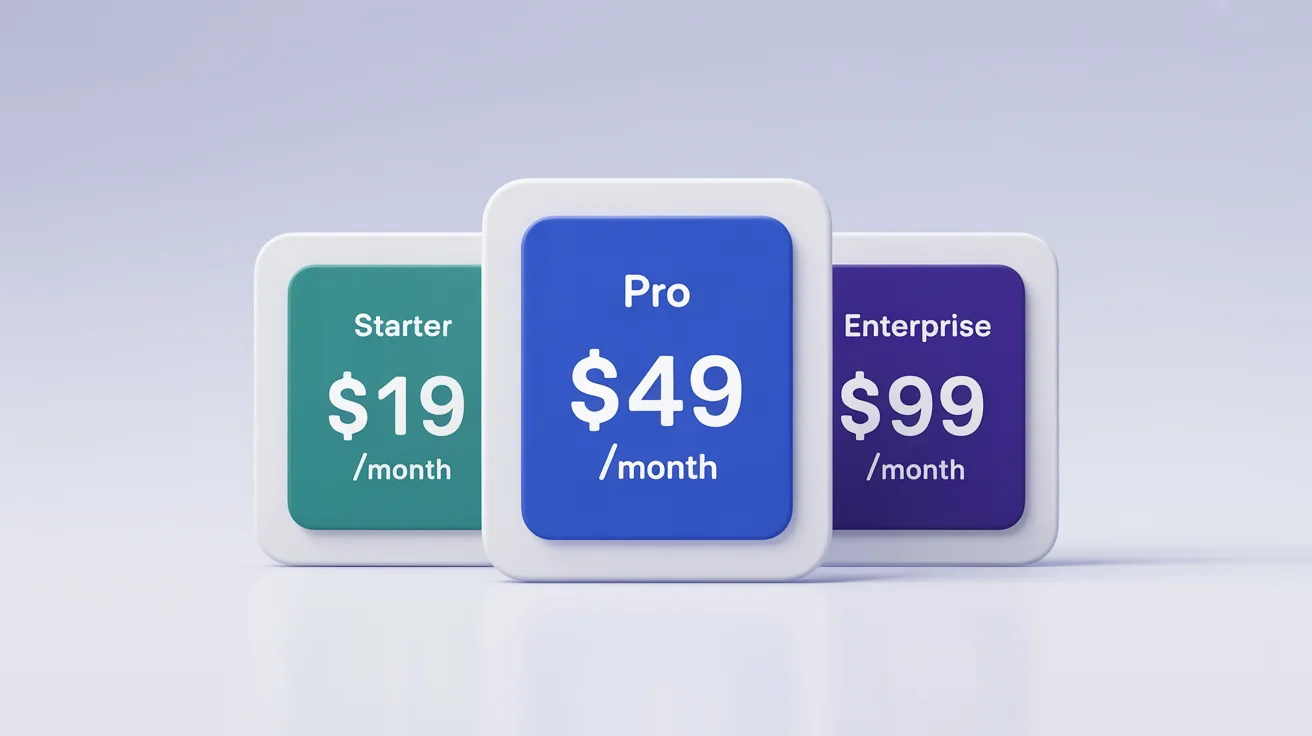 A 3D mockup of three pricing plan cards labeled 'Starter', 'Pro', and 'Enterprise' with their respective prices, displayed in a clean, modern style on a white background.