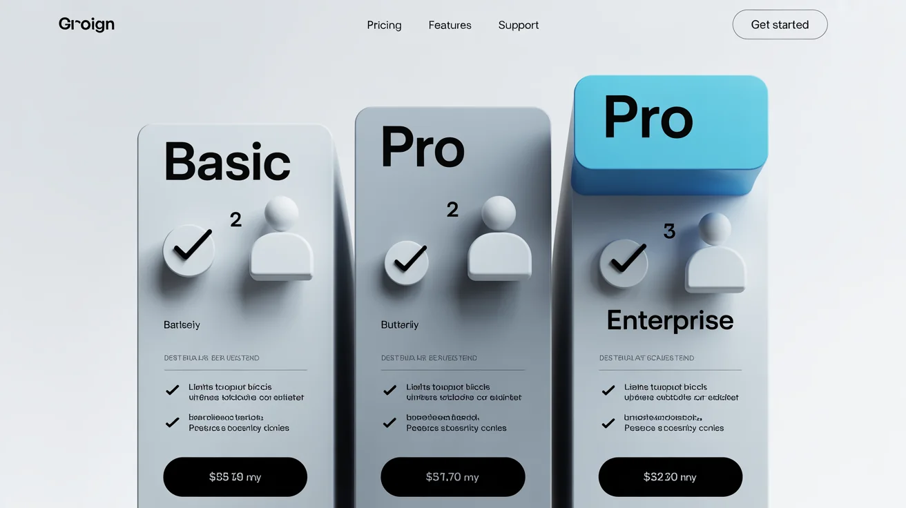 A clean 3D graphic of a pricing comparison table showing three tiers, Basic, Pro, and Enterprise, represented as blocks of varying heights on a white background.