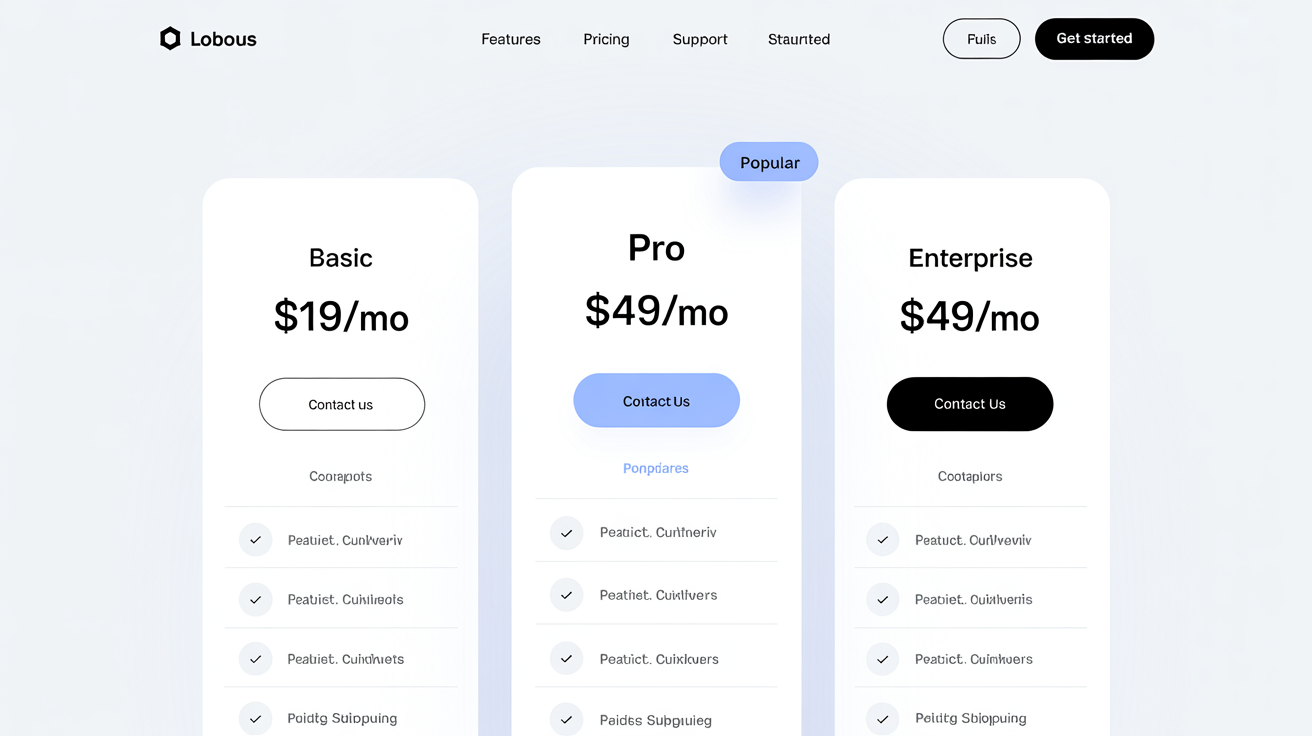 A modern, clean mockup of a pricing comparison table with three tiers: Basic, Pro, and Enterprise, shown as 3D cards on a white background. The 'Pro' plan is highlighted as the most popular.