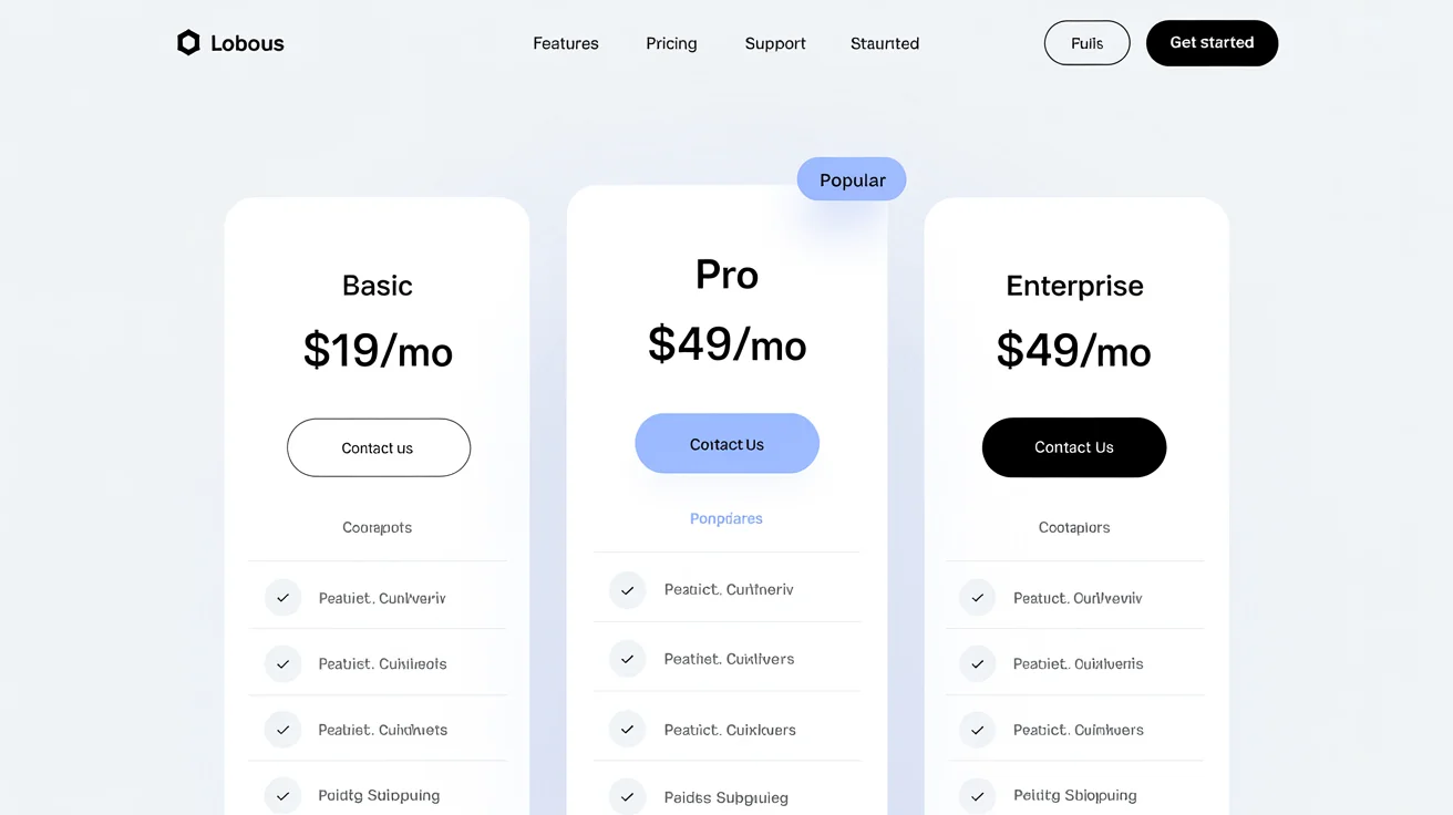A modern, clean mockup of a pricing comparison table with three tiers: Basic, Pro, and Enterprise, shown as 3D cards on a white background. The 'Pro' plan is highlighted as the most popular.