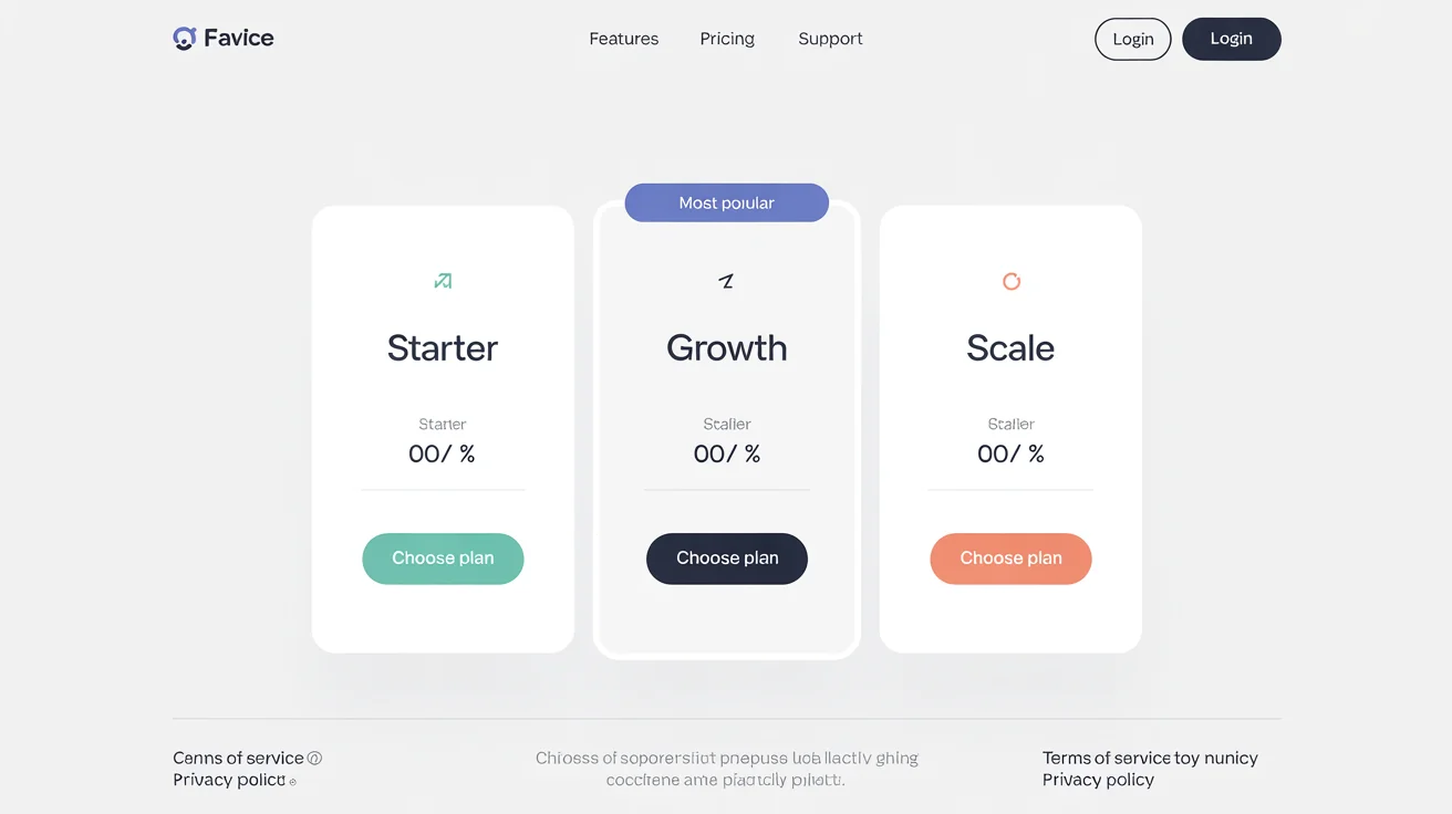 A modern pricing comparison table with three tiers: a 'Starter' plan for '$15/mo', a highlighted 'Growth' plan for '$45/mo', and a 'Scale' plan for '$99/mo', all displayed as sleek cards on a white background.