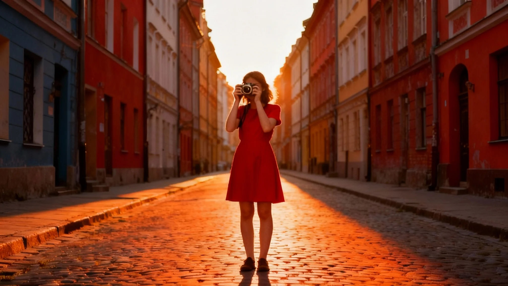 A woman in a red dress holding a camera, seamlessly composited onto a cobblestone street with buildings receding in perfect perspective, demonstrating a final result from a perspective matching tool.