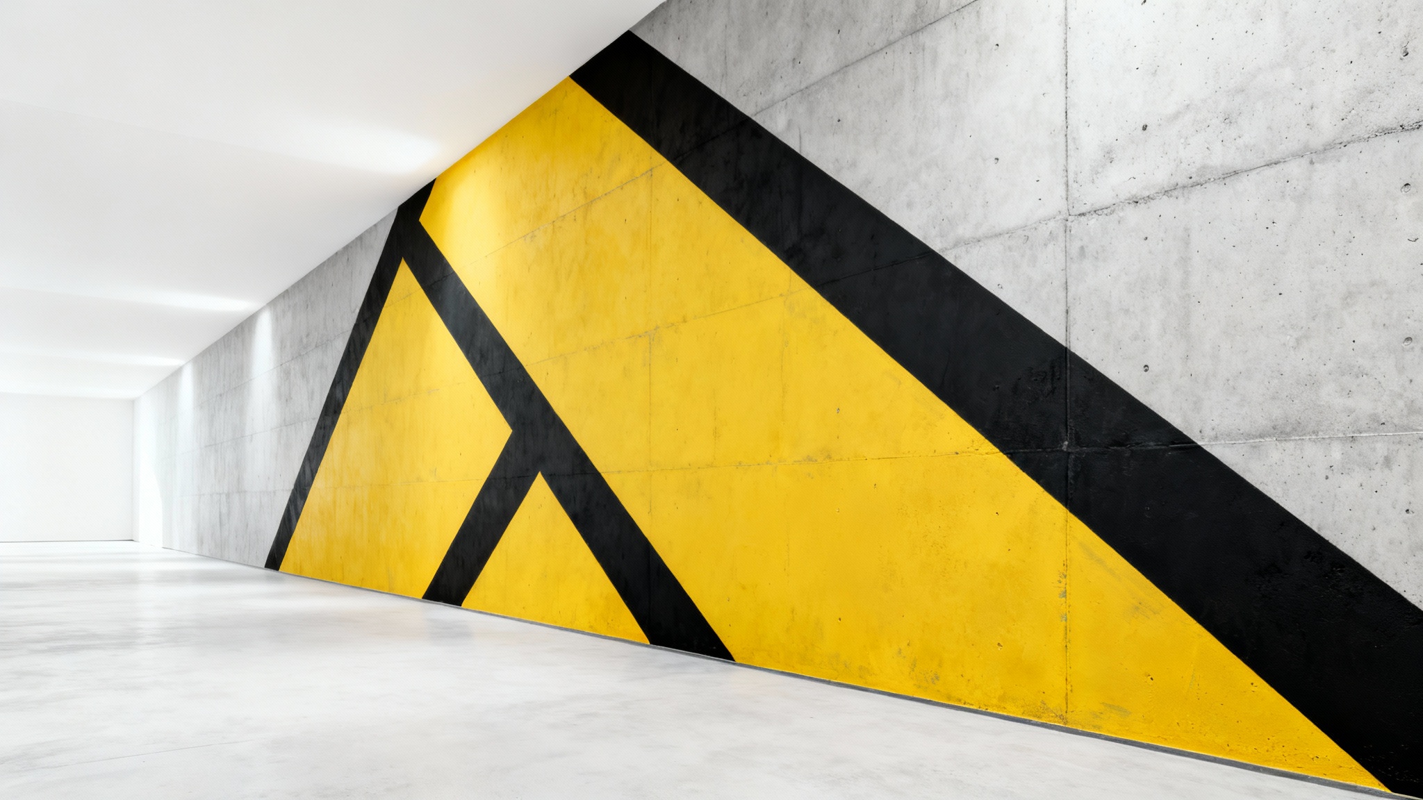 A photorealistic mockup demonstrating the match perspective feature. An abstract yellow and black mural is perfectly applied to a gray concrete wall, with its perspective matched flawlessly to the angle of the wall.