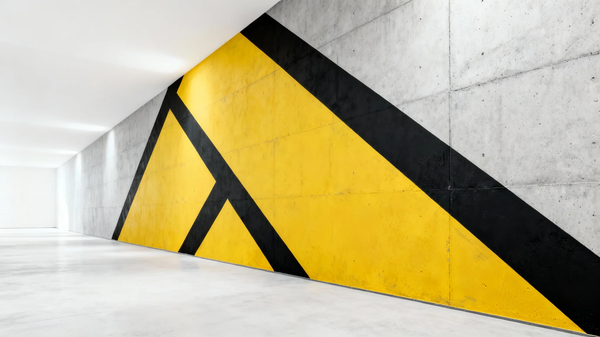 A photorealistic mockup demonstrating the match perspective feature. An abstract yellow and black mural is perfectly applied to a gray concrete wall, with its perspective matched flawlessly to the angle of the wall.