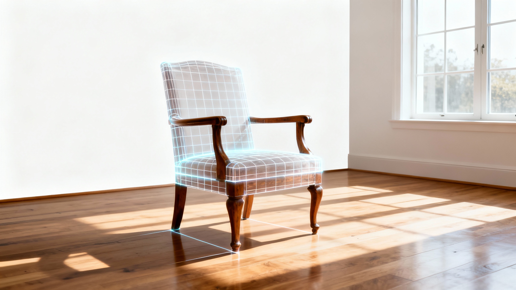 A photorealistic mockup demonstrating the concept of matching perspective, showing a vintage armchair being perfectly placed into a living room scene, with its perspective and shadows aligning flawlessly.