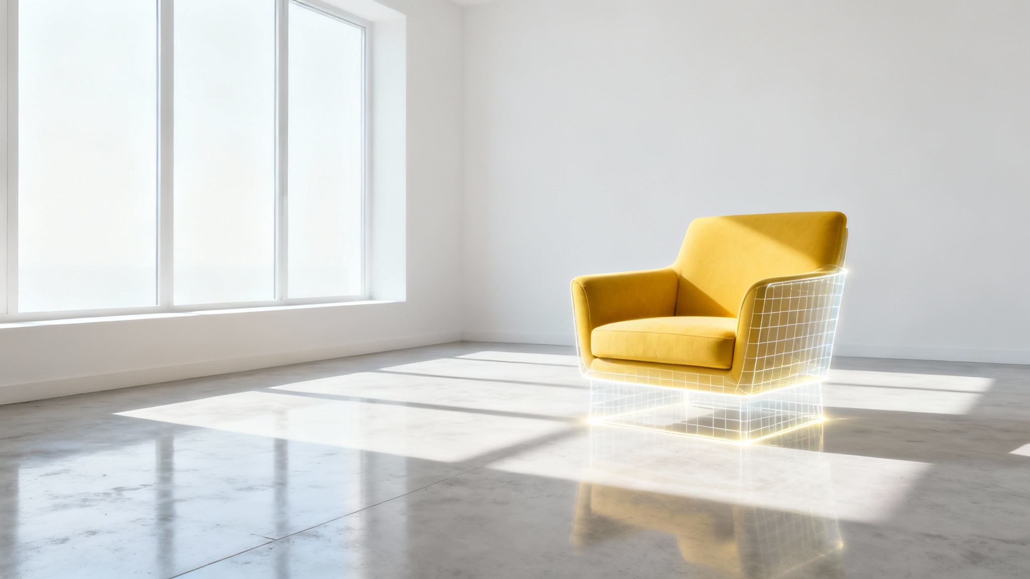 A photorealistic image showing a modern yellow armchair being digitally inserted into a minimalist room, with its perspective perfectly matching the room's architecture.