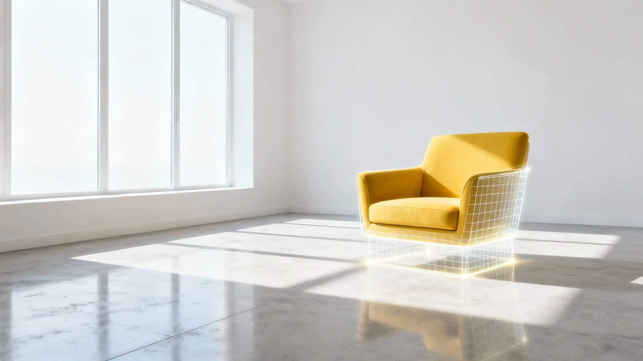 A photorealistic image showing a modern yellow armchair being digitally inserted into a minimalist room, with its perspective perfectly matching the room's architecture.