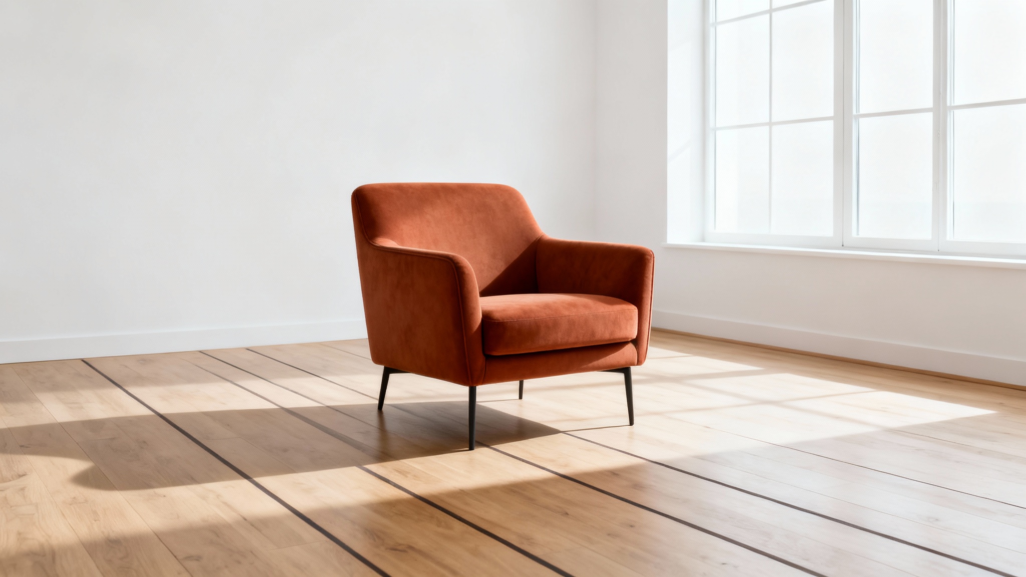 A photorealistic mockup showing a modern terracotta armchair perfectly integrated into a bright living room, demonstrating a flawless perspective match with realistic lighting and shadows.