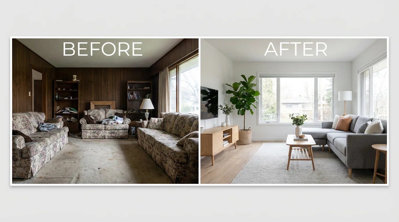 A before and after collage of a living room renovation. The 'before' image shows a cluttered, dated room, while the 'after' image shows the same room beautifully transformed into a modern, stylish space.