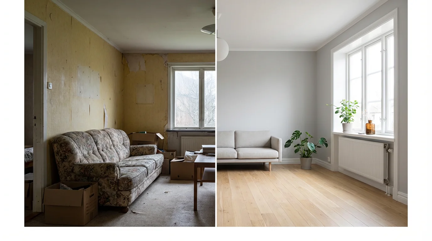 A split-screen image illustrating a before-and-after home renovation. The left side shows a cluttered, old-fashioned living room, while the right side shows the same room transformed into a modern, bright, and clean space.