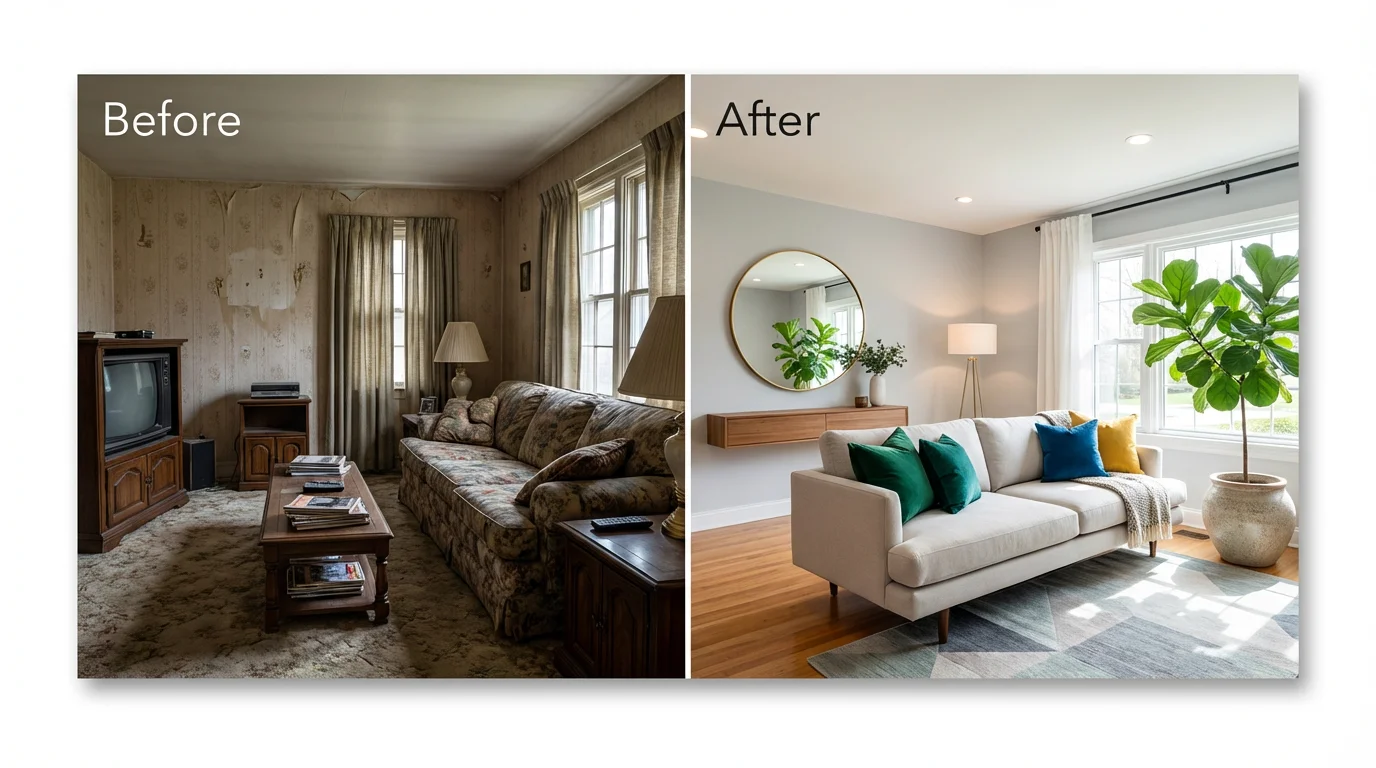 A before and after collage showing a living room transformation. The 'before' side is dated and cluttered, while the 'after' side is bright, modern, and professionally decorated.