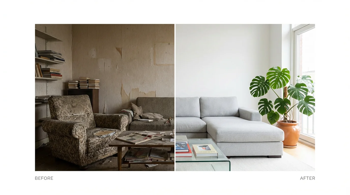 A split-screen collage showing a before-and-after of a living room renovation. The 'before' side is cluttered and dated, while the 'after' side is modern, bright, and minimalist.