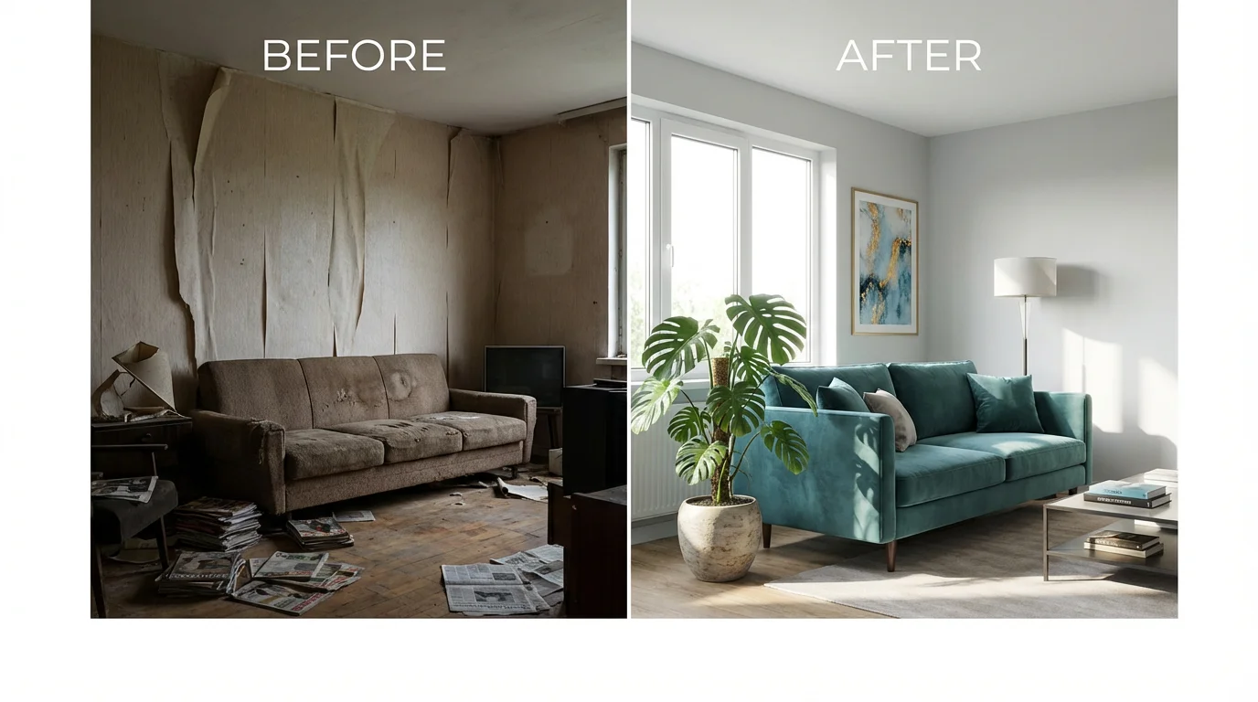A before-and-after collage comparing a living room's transformation. The left side shows a cluttered, dated room, and the right side shows the same room renovated to be modern, bright, and organized.