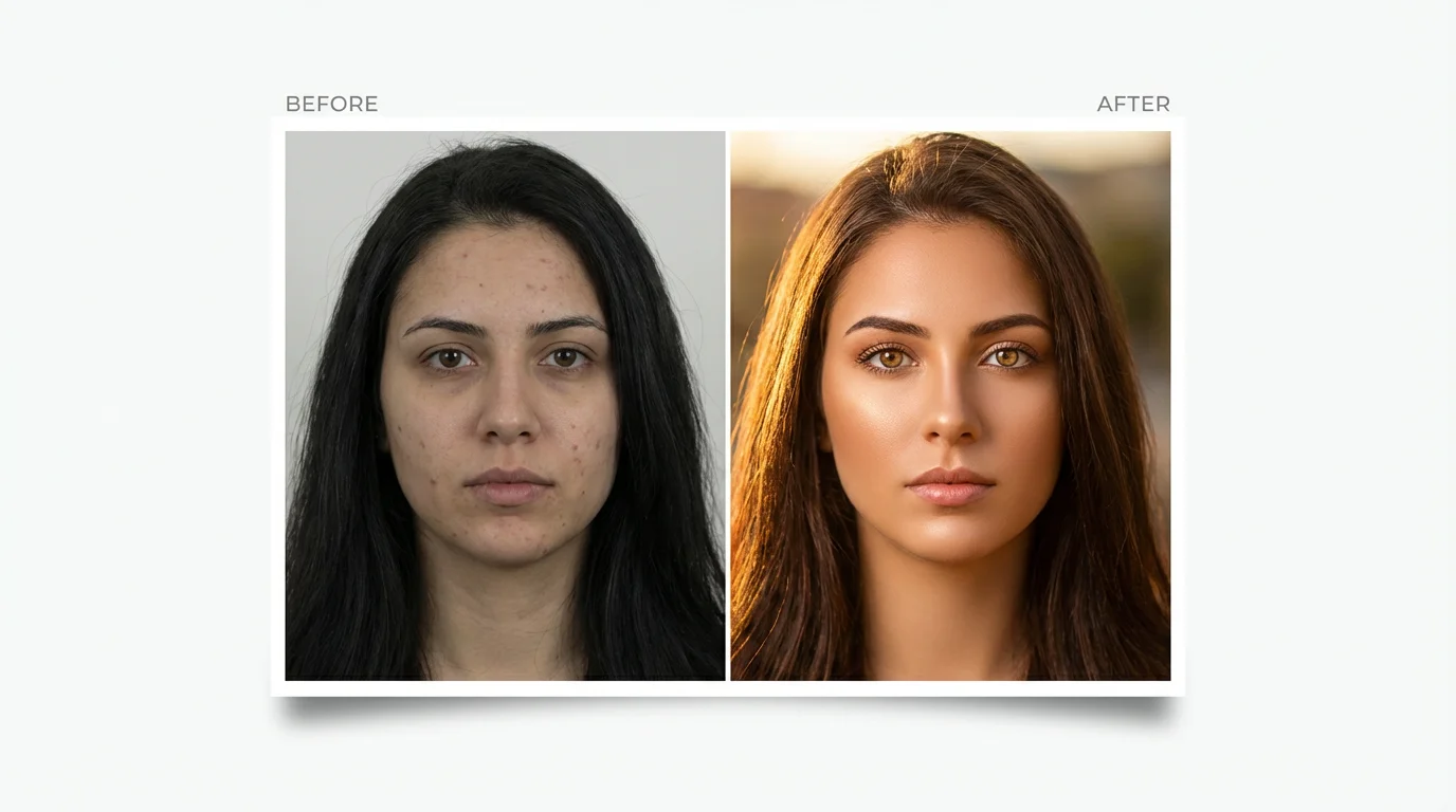 A 'before and after' collage mockup demonstrating photo retouching. The left image is a dull portrait, and the right image is the same portrait professionally edited to be vibrant and flawless.