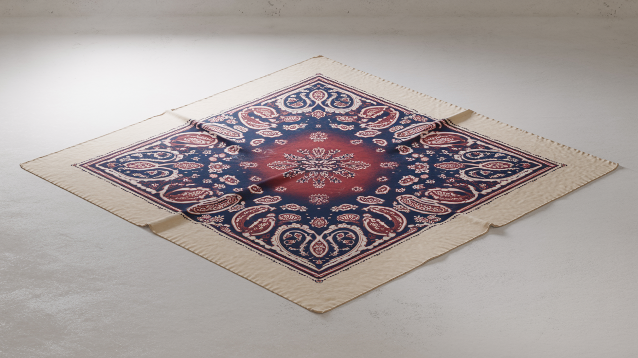 A flat lay view of a finished vintage-style bandana design. The bandana features intricate navy blue and red paisley patterns on a cream background, with a large central motif and a scalloped edge, presented professionally on a neutral surface.