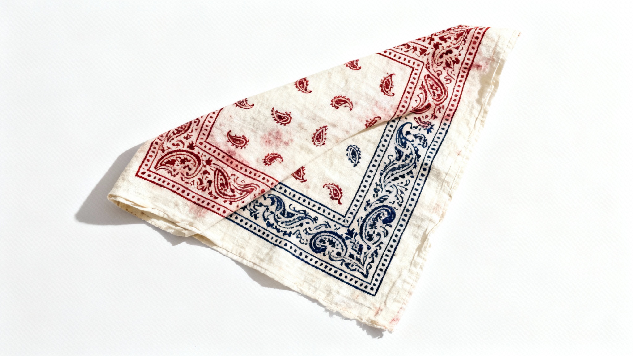 A vintage-style bandana with a red, navy, and cream paisley pattern laid flat on a white background, with one corner gently folded over.