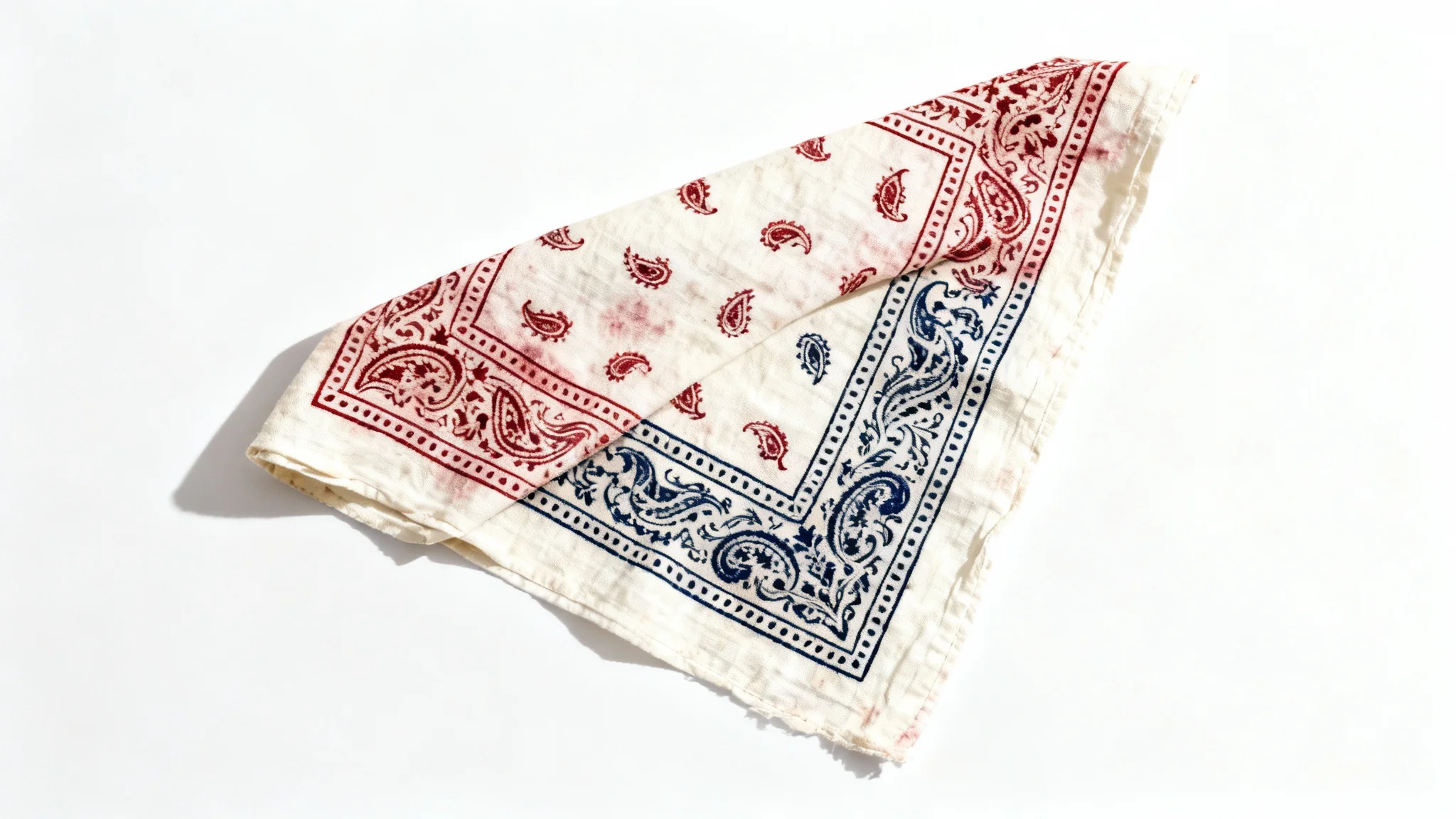 A vintage-style bandana with a red, navy, and cream paisley pattern laid flat on a white background, with one corner gently folded over.