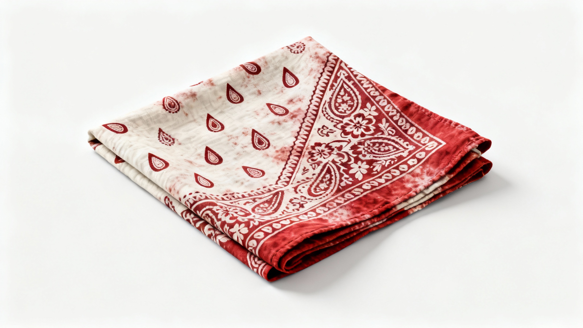 A vintage-style red and off-white paisley bandana, folded neatly and displayed on a clean white background.
