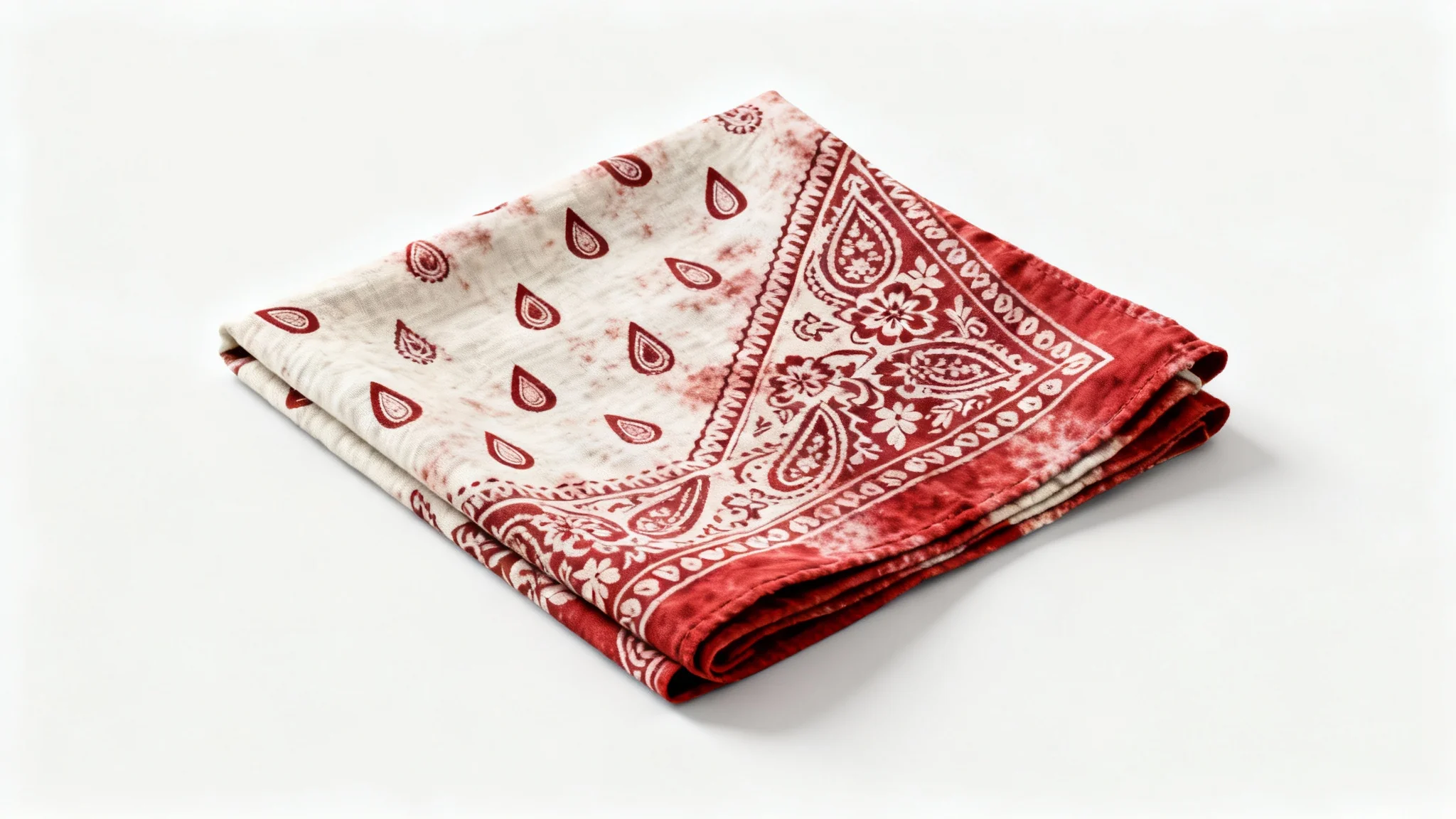 A vintage-style red and off-white paisley bandana, folded neatly and displayed on a clean white background.