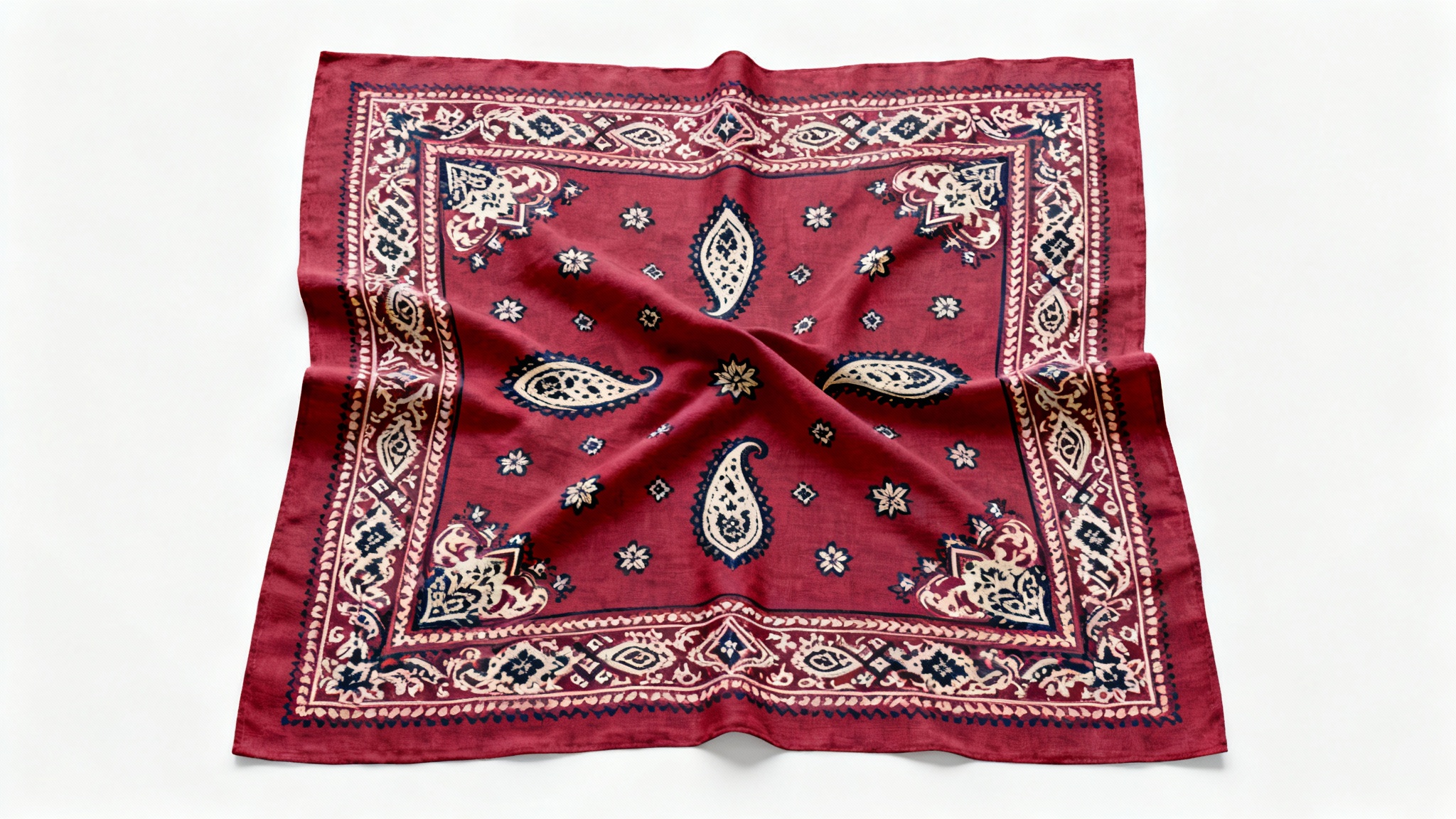 A vintage-style crimson red bandana with a detailed off-white paisley and floral pattern, displayed flat on a white background.