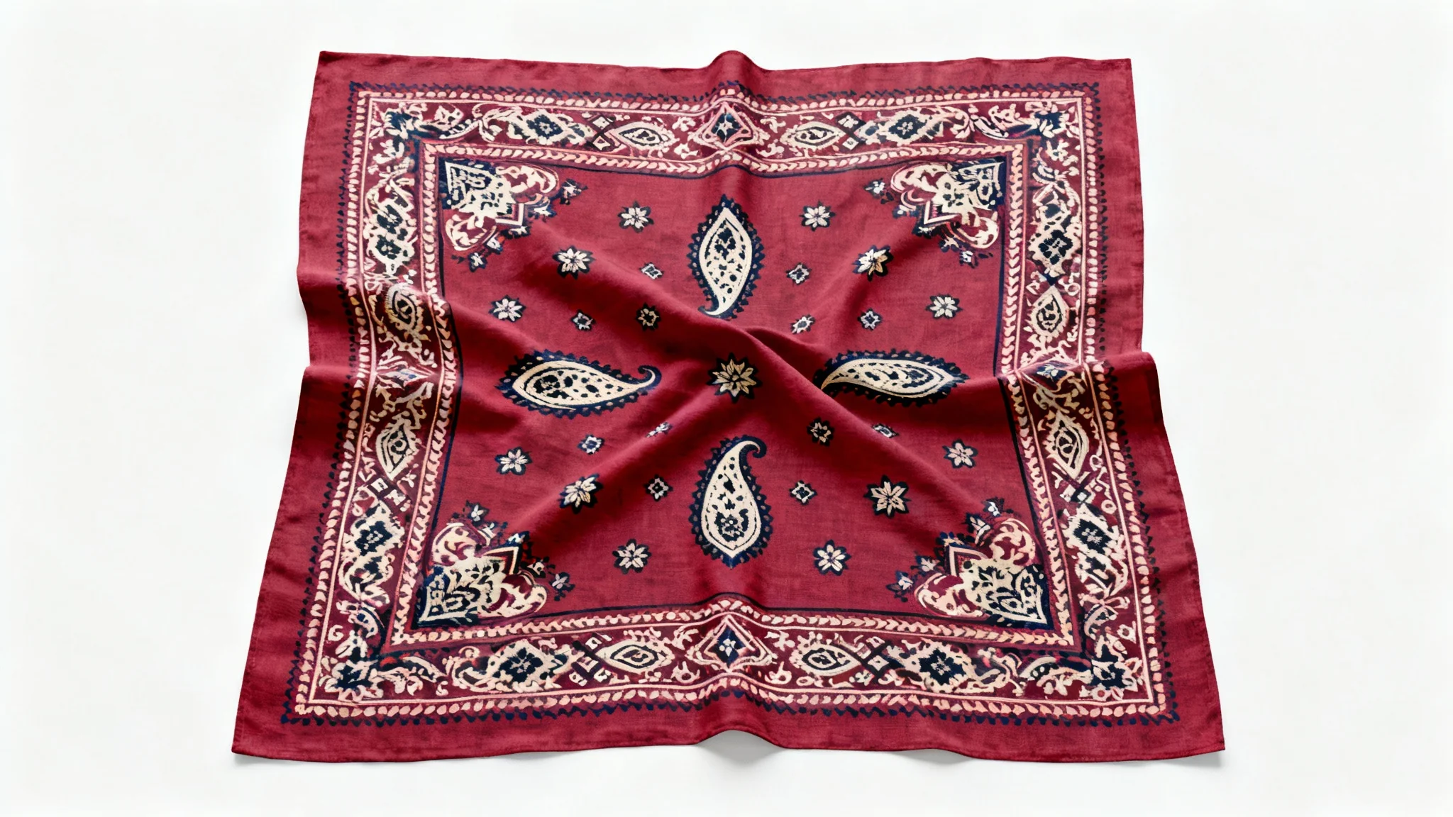 A vintage-style crimson red bandana with a detailed off-white paisley and floral pattern, displayed flat on a white background.