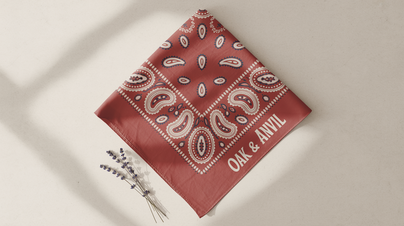 A flat-lay photograph of a vintage-style red bandana with a detailed white and navy blue paisley pattern, displayed on a white background.