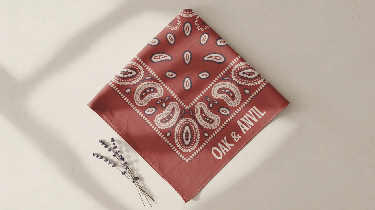 A flat-lay photograph of a vintage-style red bandana with a detailed white and navy blue paisley pattern, displayed on a white background.