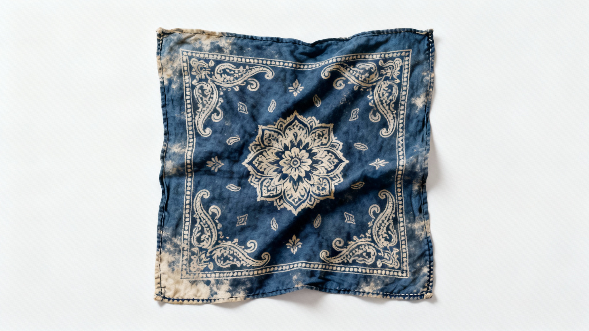 A vintage navy blue bandana with a white paisley and floral pattern, laid flat on a white background.