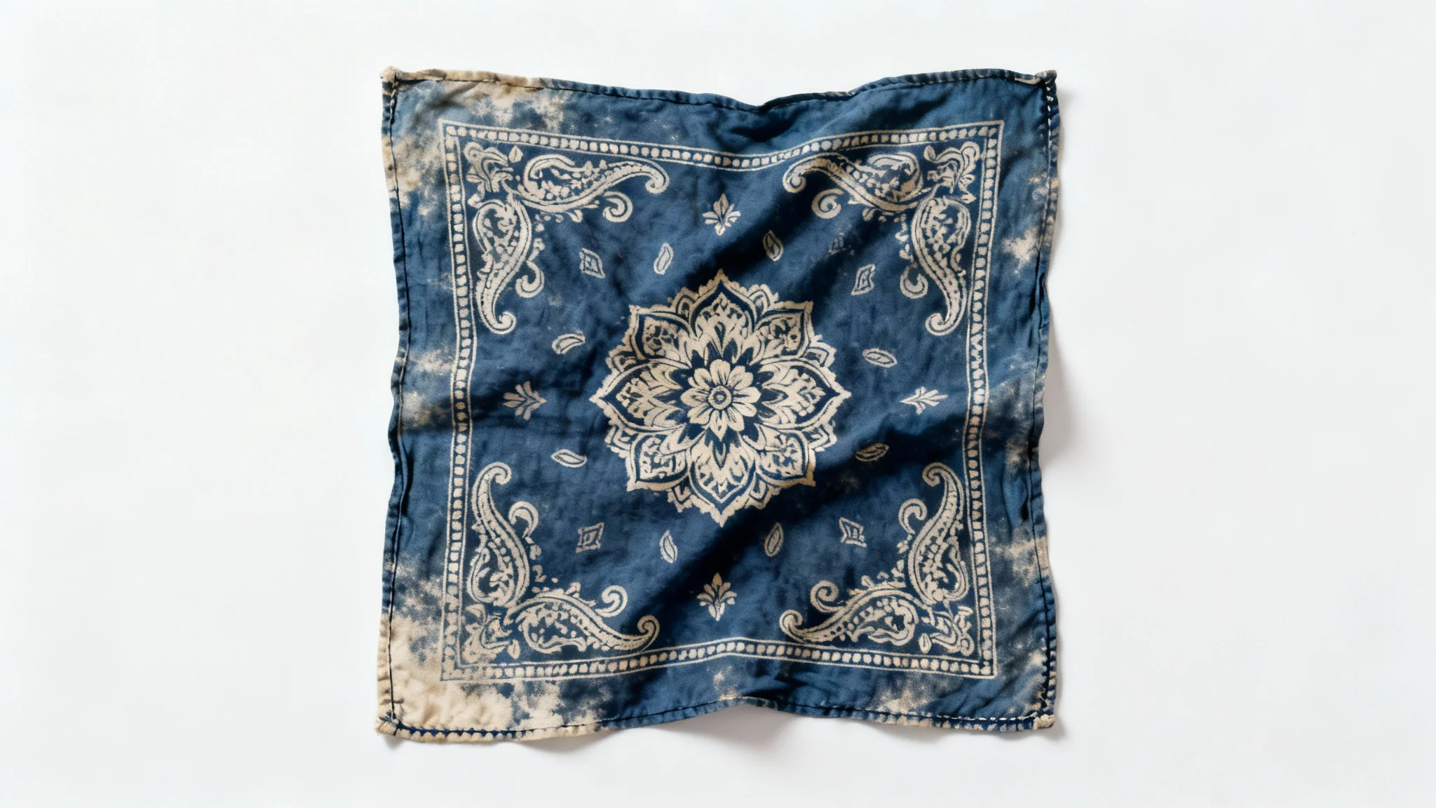 A vintage navy blue bandana with a white paisley and floral pattern, laid flat on a white background.