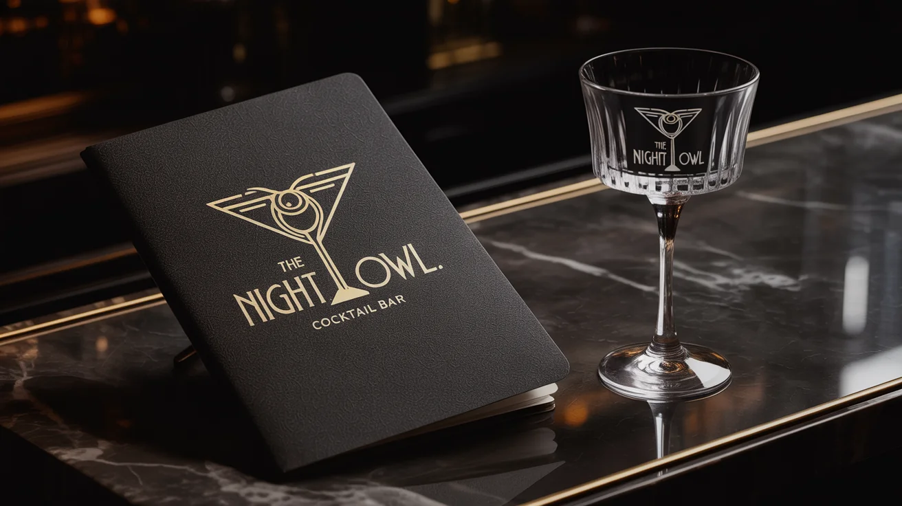 A professional logo design for a bar called 'The Night Owl,' shown in gold on a dark menu and etched onto a cocktail glass, creating a luxurious and sophisticated feel.