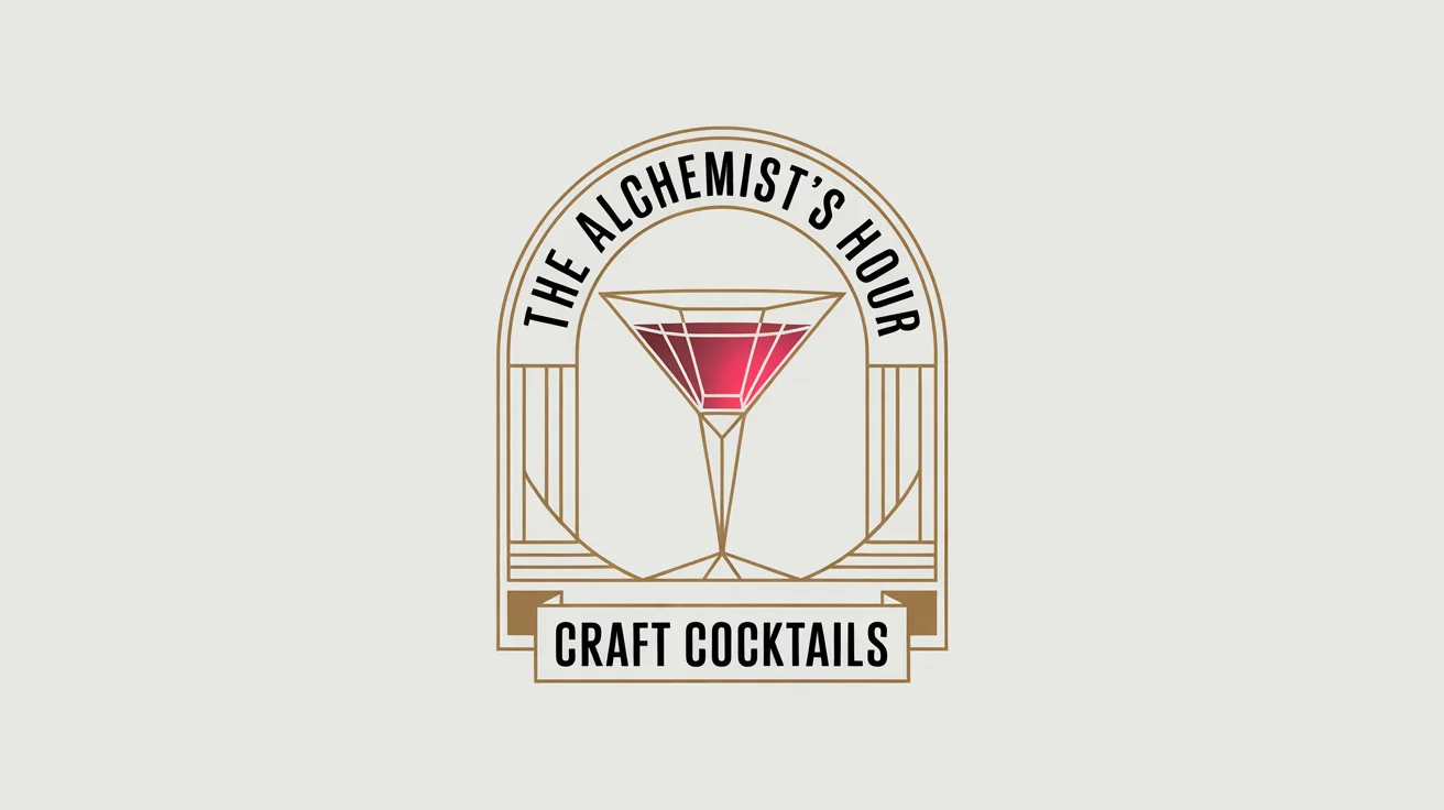 An Art Deco style logo for a bar named 'The Alchemist's Hour', featuring a gold and black geometric cocktail glass icon on a clean white background.