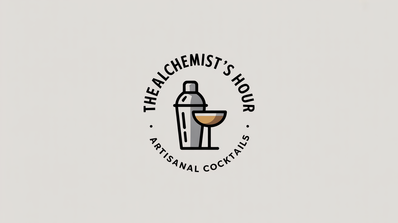 A sophisticated logo mockup for a bar named 'The Alchemist's Hour', featuring a gold cocktail shaker and glass icon on a clean white background.