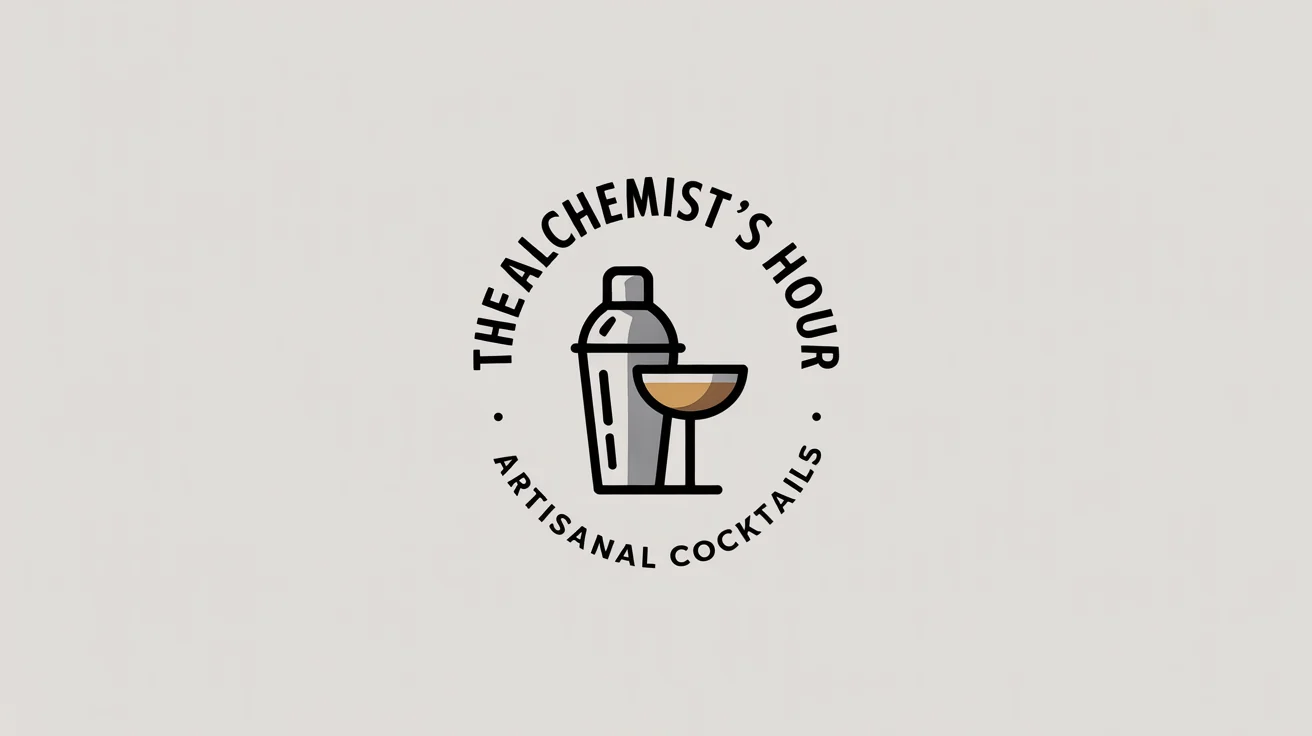 A sophisticated logo mockup for a bar named 'The Alchemist's Hour', featuring a gold cocktail shaker and glass icon on a clean white background.