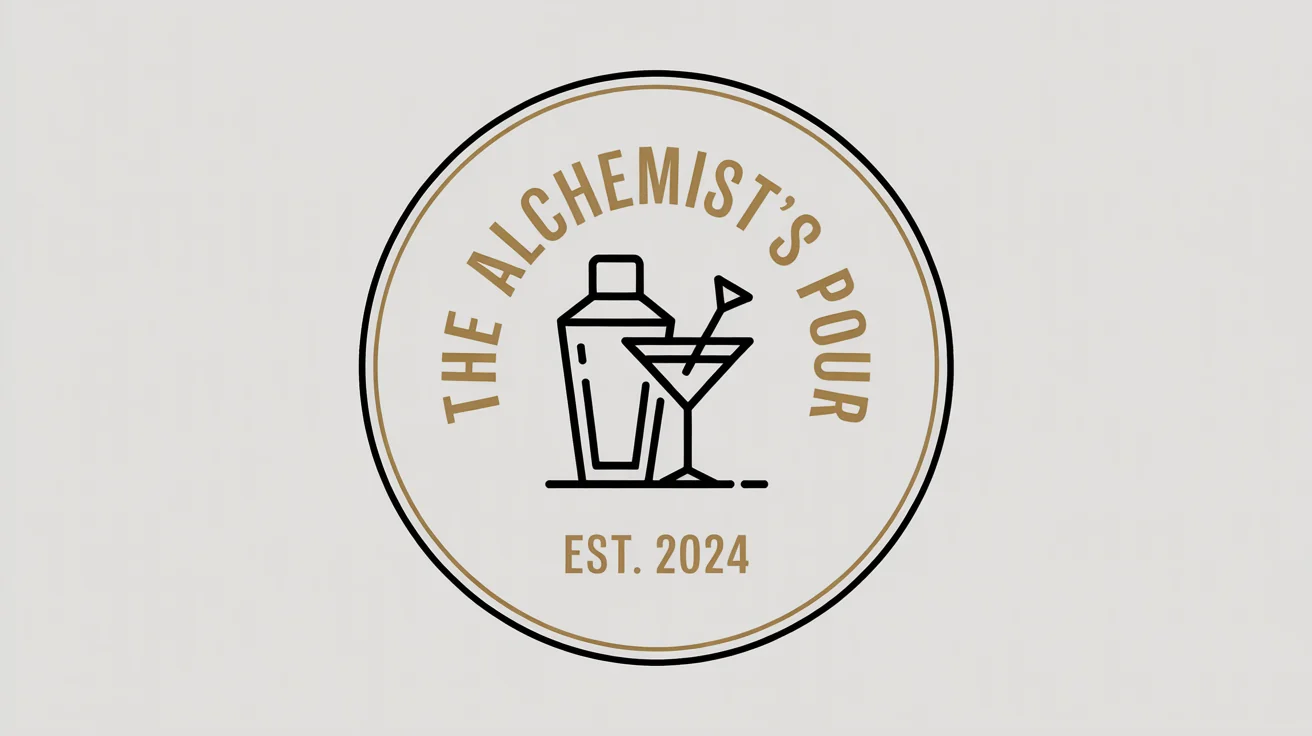 A professional mockup of a circular bar logo for 'The Alchemist's Pour'. The logo is black, white, and gold, featuring a cocktail shaker and martini glass, displayed on a clean white background.