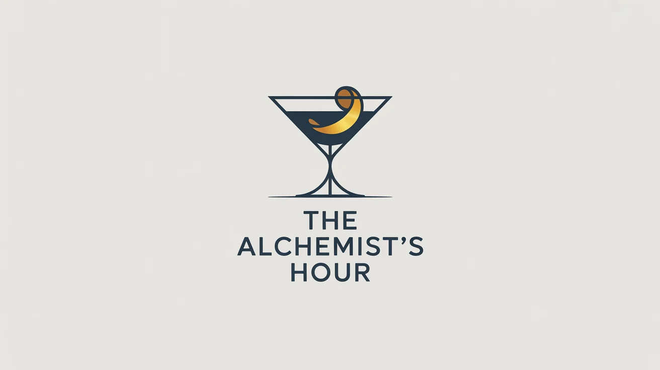 A modern, minimalist logo for a bar named 'The Alchemist's Hour', featuring a gold and navy blue geometric cocktail glass icon on a white background.