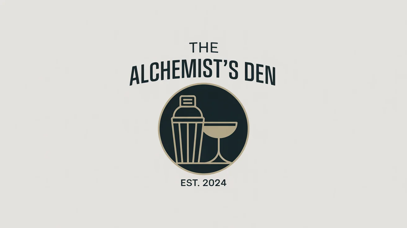 A modern, minimalist logo for a bar named 'The Alchemist's Den', featuring a gold and charcoal grey icon of a cocktail shaker and glass, presented on a clean white background.